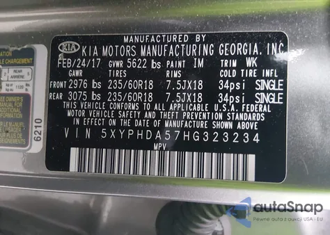 2017 Kia Sorento 3.3L Ex z USA, uszkodzony, nr VIN 5XYPHDA57HG323234